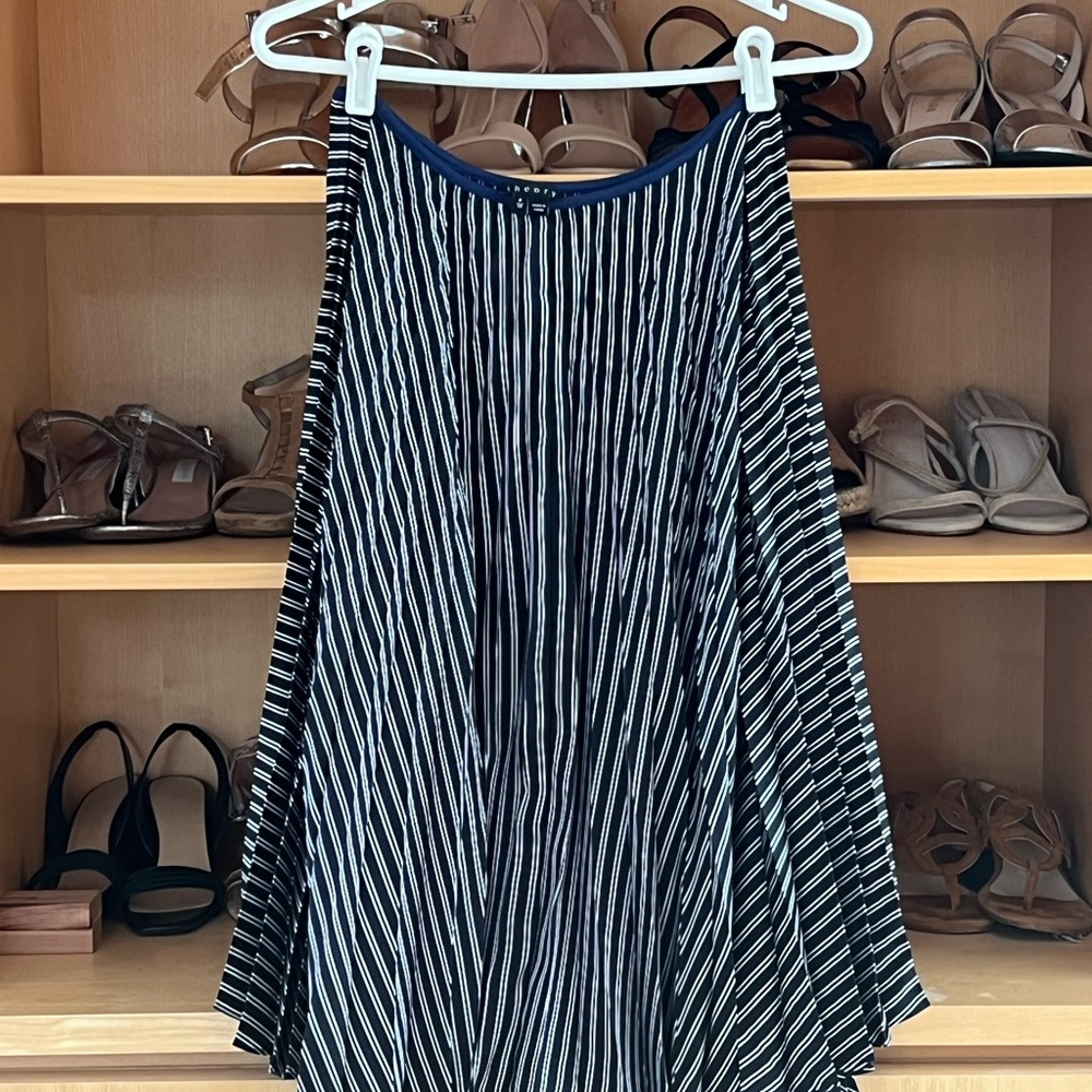 Theory Navy and White Striped Pleated Midi Skirt